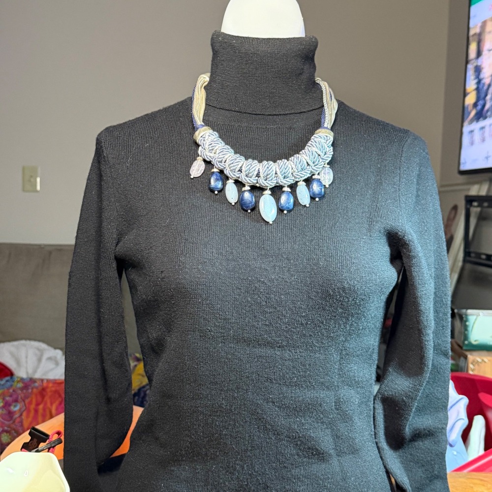 Chico's Blue Statement Necklace Multi Cord Beaded Bib Aqua Pink Glass Drop